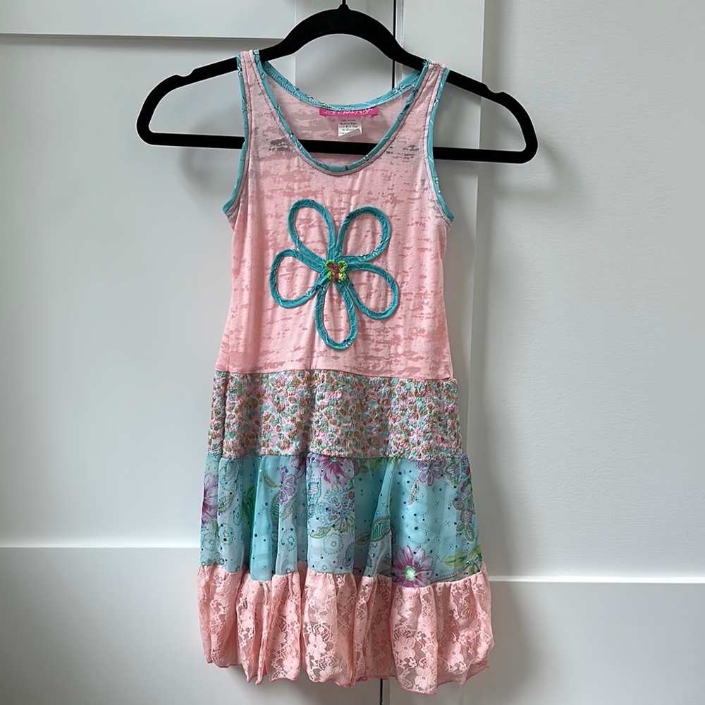 Pink and Blue Floral Tiered Dress